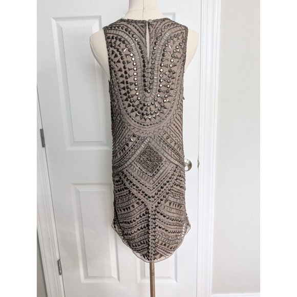 Parker 100% Silk Fully Beaded Allegra Mini Dress Taupe Size M Fairy Goth Grunge - Picture 8 of 16